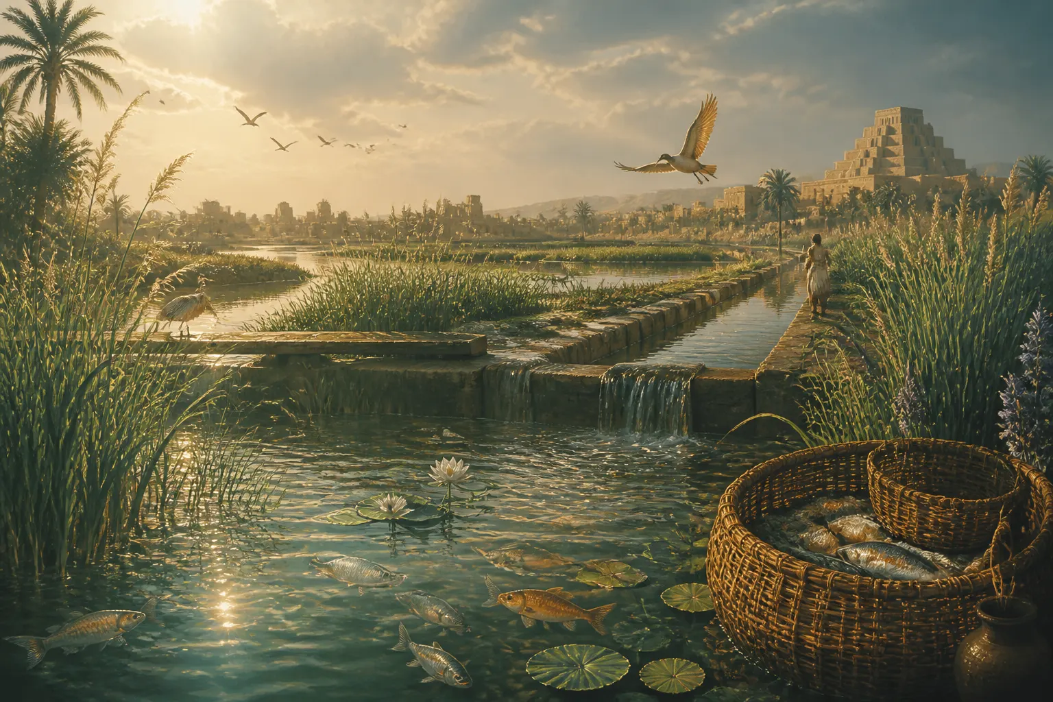 AIが制作した、魚と鳥のいる古代メソポタミアの水辺を表す概念イメージ。実物資料の写真ではありません。