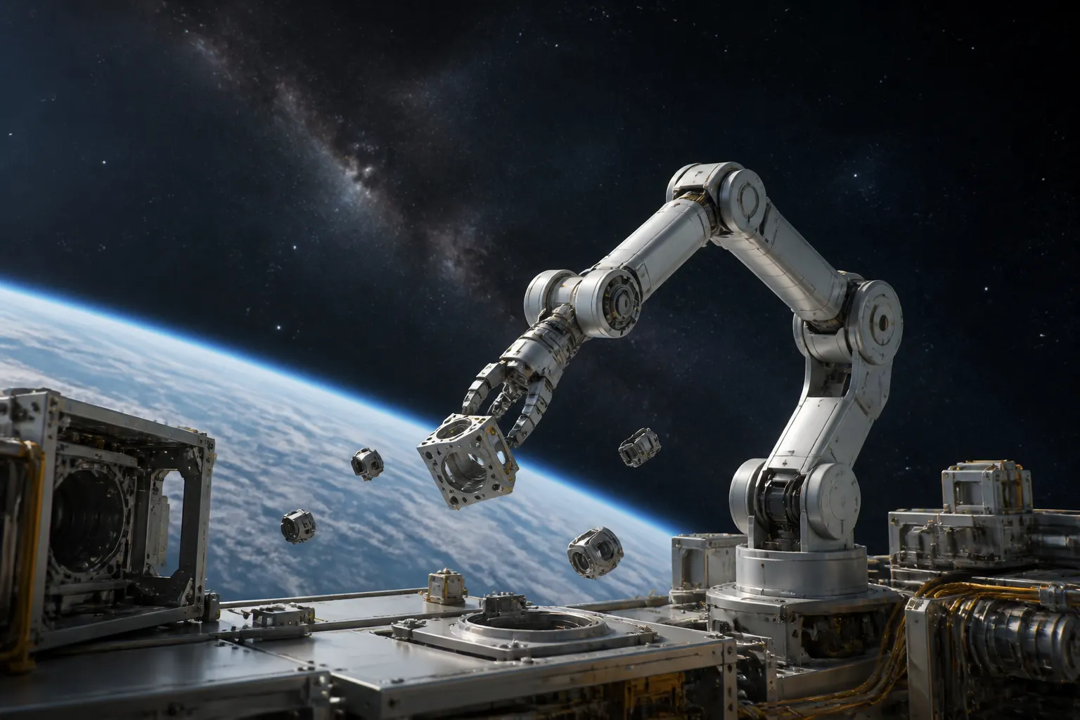AIが描いた、軌道上でロボットアームが実験する宇宙ロボット実験室の概念イメージ。実物資料の複製ではない。