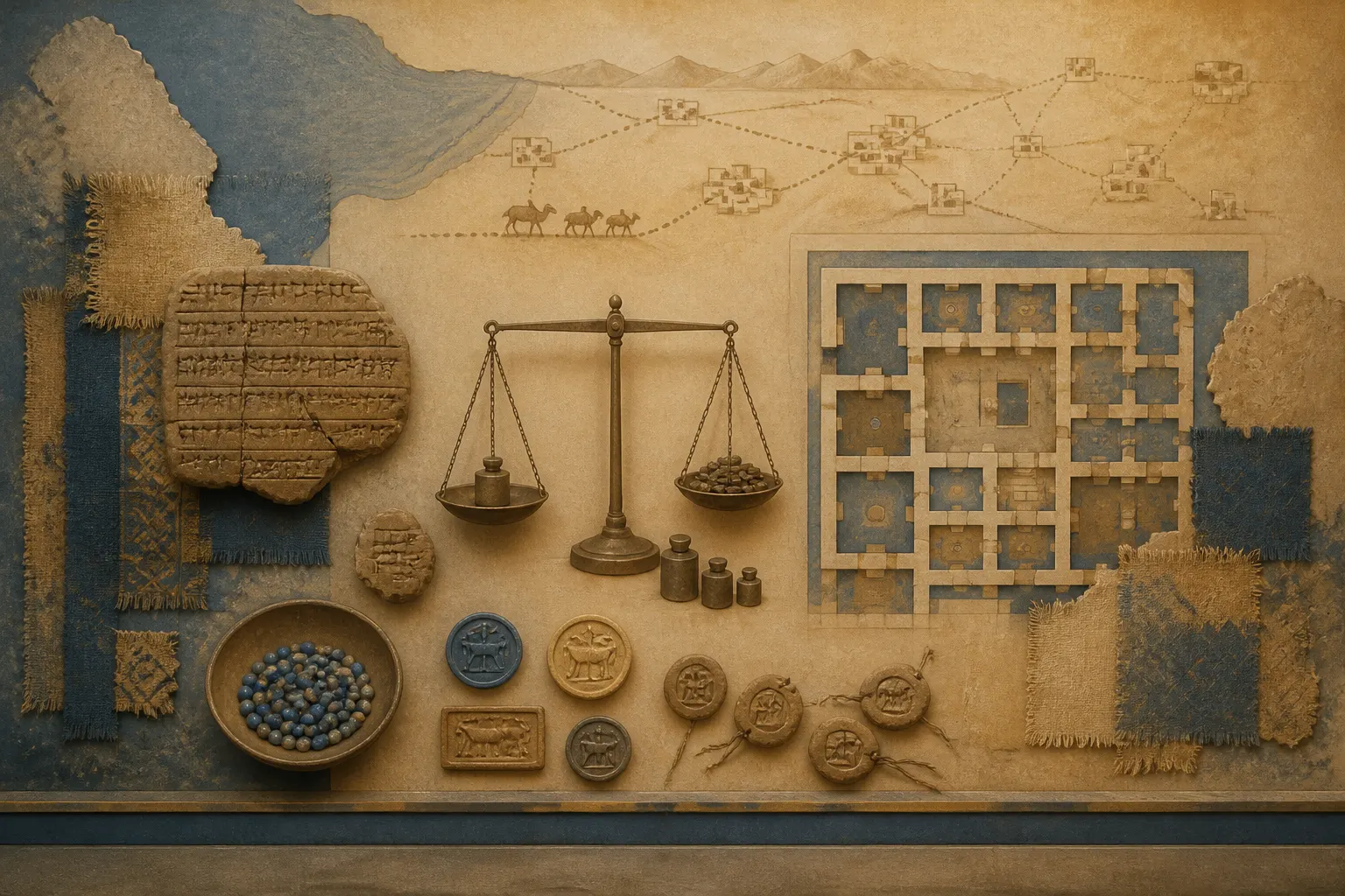 AIが作成した、カネシュ文書と古代アッシリアの家族経済を表すイメージ。実物資料の複製ではない。