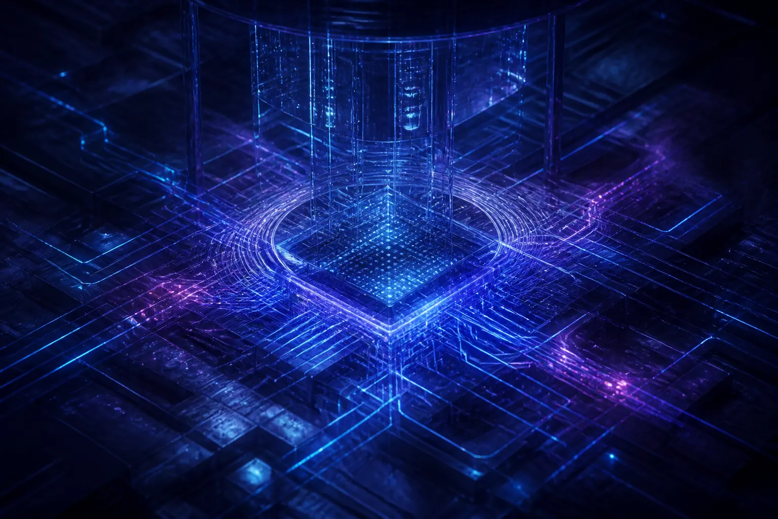 AIが生成する、量子誤り訂正と適応制御を抽象的に表した横長イメージ。実物資料ではない。